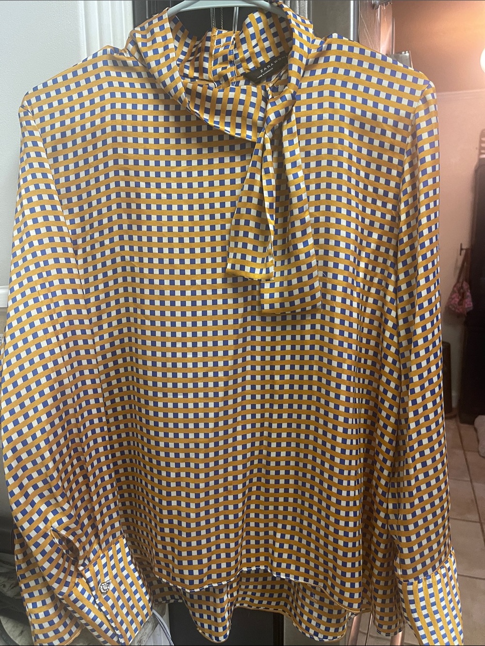 Zara Yellow and Blue Checked Tie-Neck Shirt size L